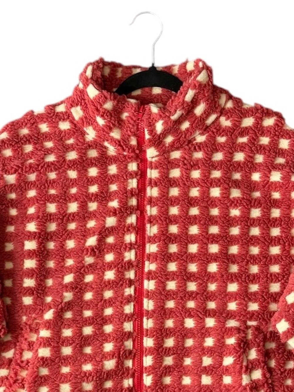 Textured Grid Checkered Sherpa Zip Jacket Pink Cream Oversized Cozy Cropped, L - Picture 7 of 15
